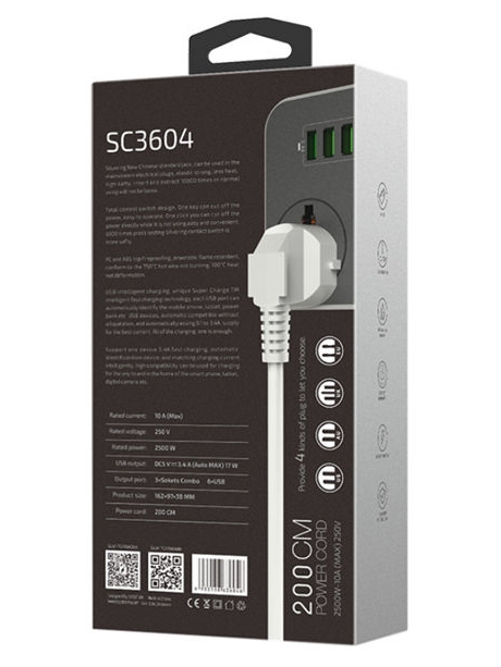 универсальный сетевой фильтр LDNIO SC3604 6USB*3 розетки 2м grey