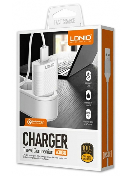 зарядное устройство LDNIO A303Q USB*3A Quick Charge 3.0 + кабель USB - micro USB white