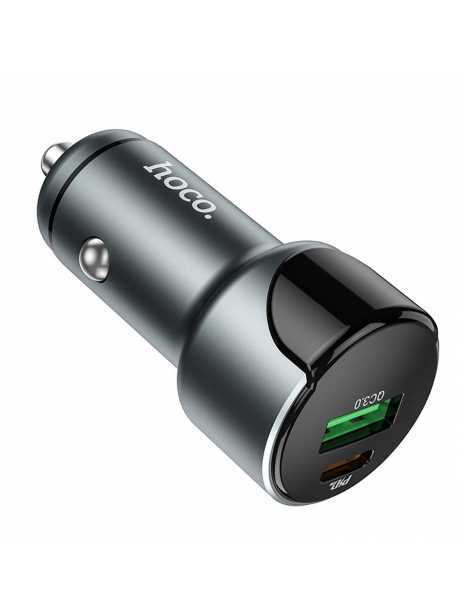 автомобильная зарядка c дисплеем Hoco Z42 Light road dual port digital display PD20W+QC3.0 car charger metal gray
