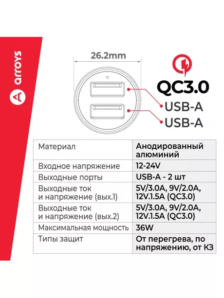 автомобильное зарядное устройство для смартфона Arroys CR-4 