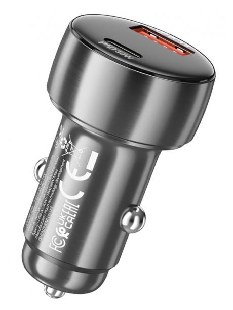 зарядка для телефона в машину Hoco Z50 Leader 48W dual-port PD30W+QC3.0 car charger with display metal gray