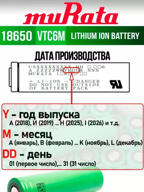 литиевый аккумулятор Murata US 18650 VTC6M 30A 3000mAh 
